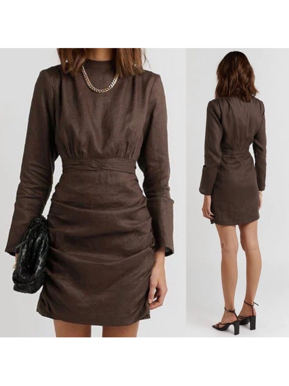 Dissh Maya Long-Sleeve Linen dress in Dark Chocolate (US 6)